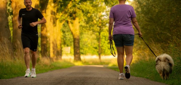 Man jogging and woman walking a dog on a picturesque outdoor path.
